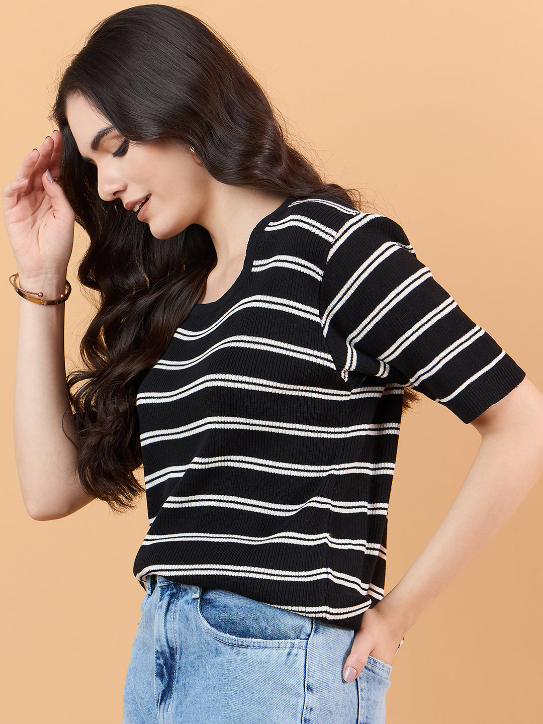 CLAPTON Women Knitted Round Neck T-shirt Combo Of 2 BLACK Purple