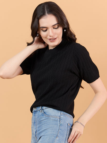 clapton Women Self knitted cotton Design T-shirt  Black