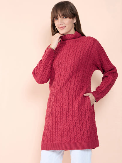 Clapton High Neck Cable Knitted Woolen Dress Rust