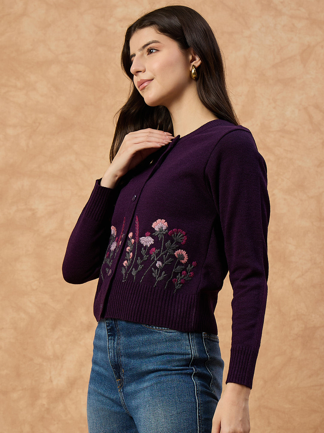 Clapton Women’s Purple Knitted Floral Embroidered Cardigan 6110