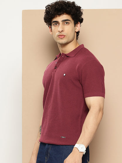 CLAPTON Men Knitted Textured Polo Collar T shirt Maroon