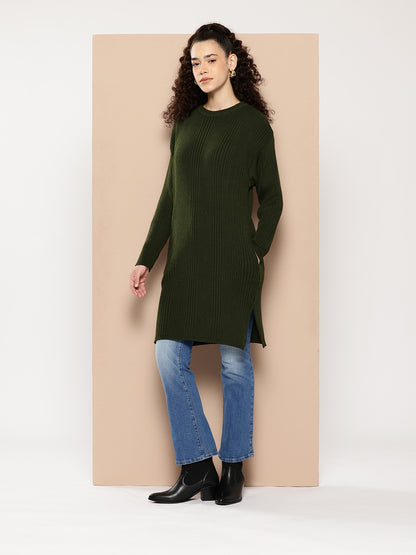 Women Knitted Long Tunic ,Button Down ,Winter Wear Women Color  Green