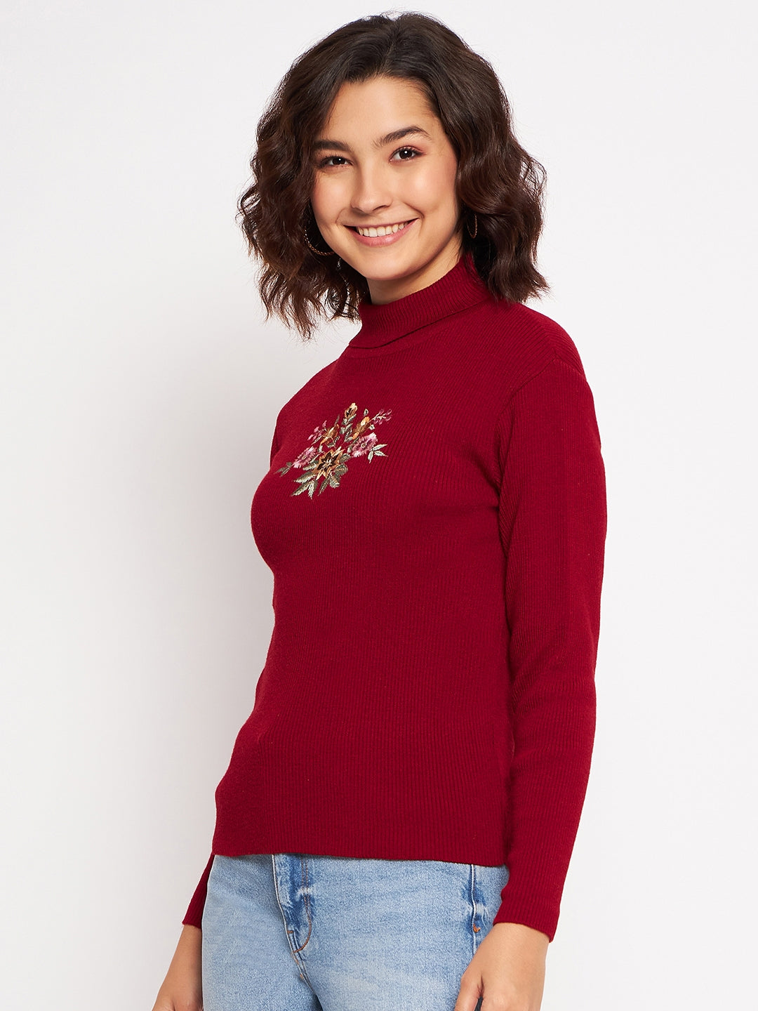 Wool Blend High Neck Mehroon Top With Embroidery