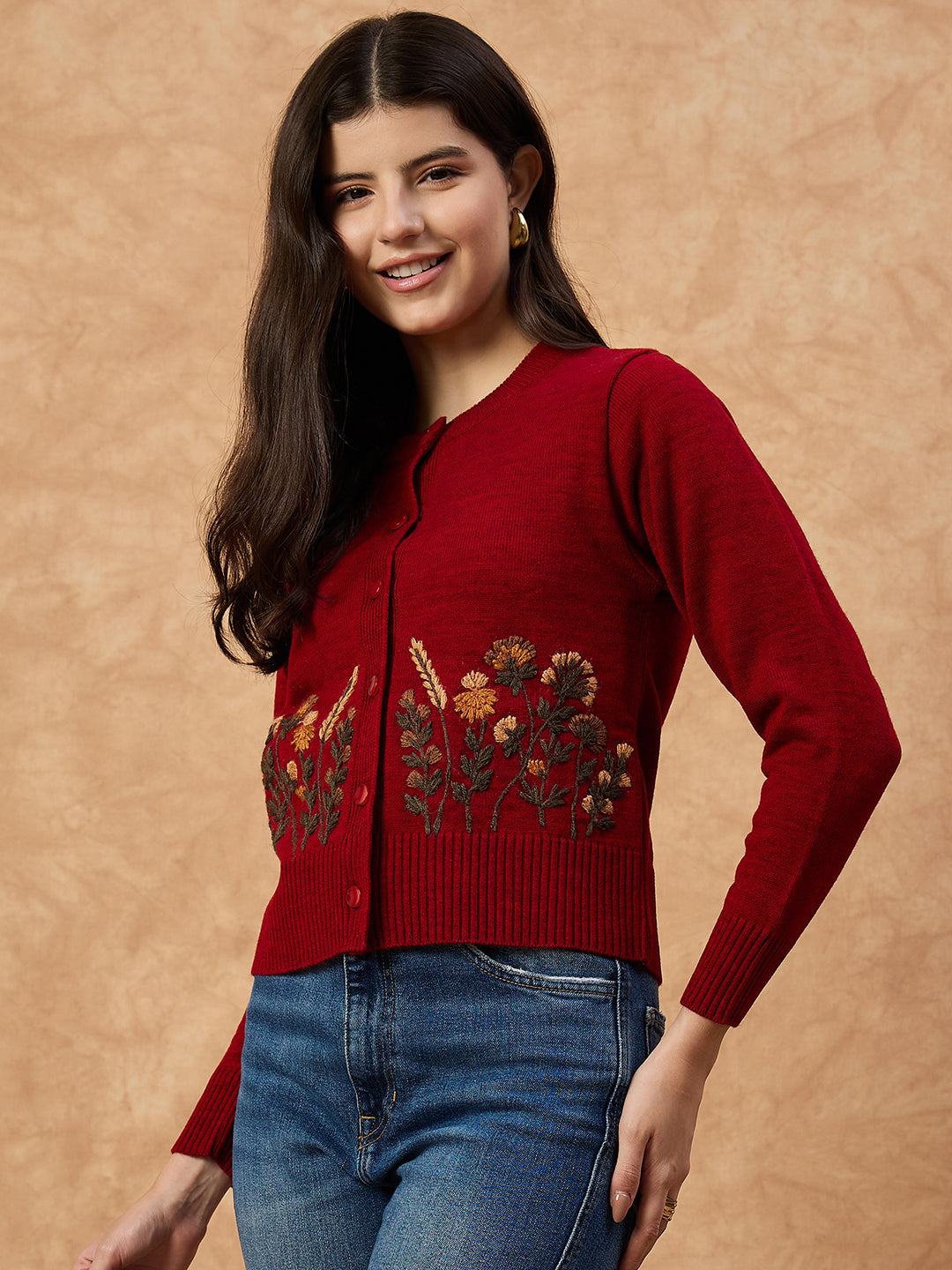 Clapton Women’s Red Knitted Floral Embroidered Cardigan 6110