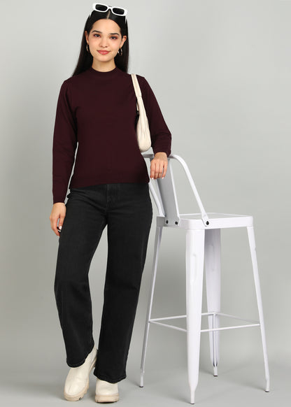 Women Solid Color Round Neck Viscose T-Shirt Wine