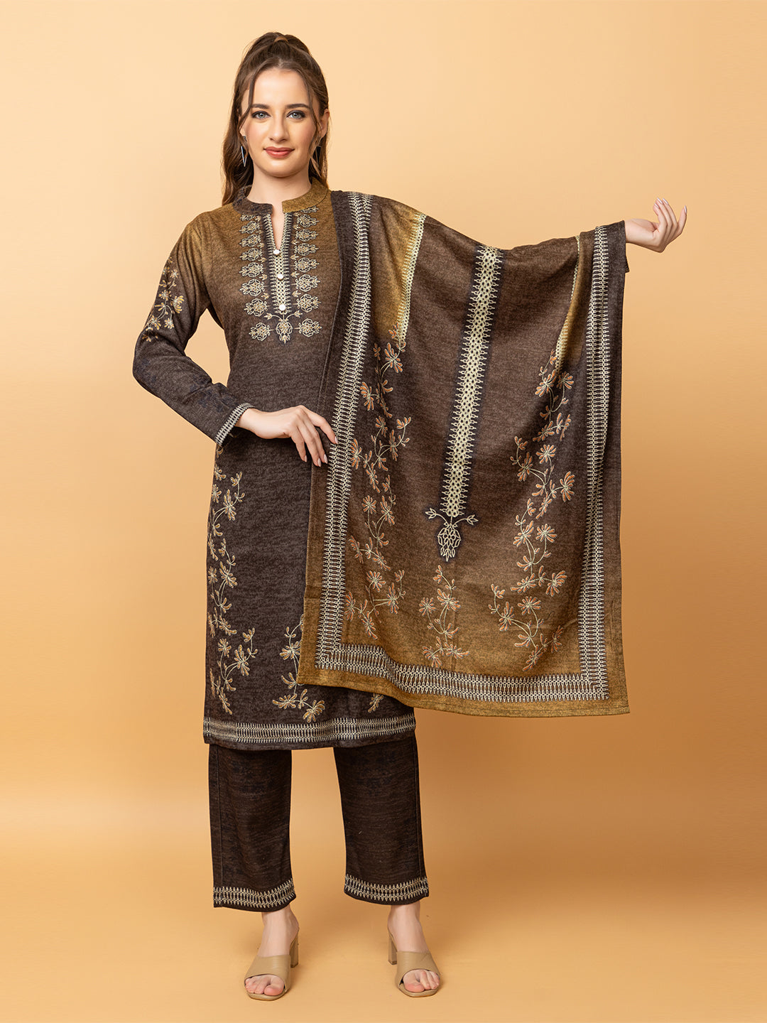 Clapton Pure Wool Winter Wear Embroidered Straight Kurta Pant With Dupatta Set Brown