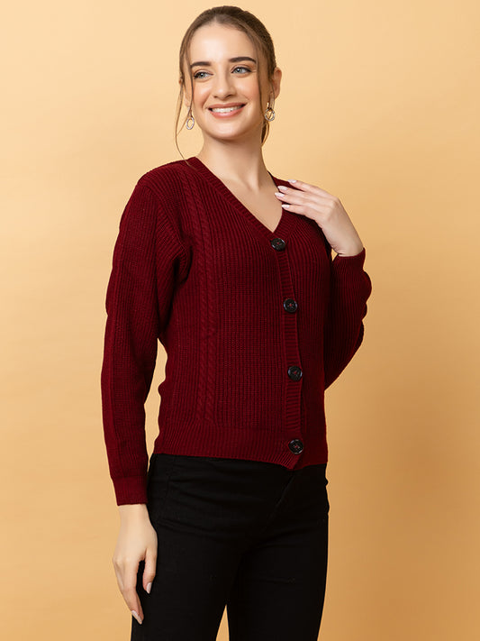 Clapton Women Maroon Self Knitted Cardigan