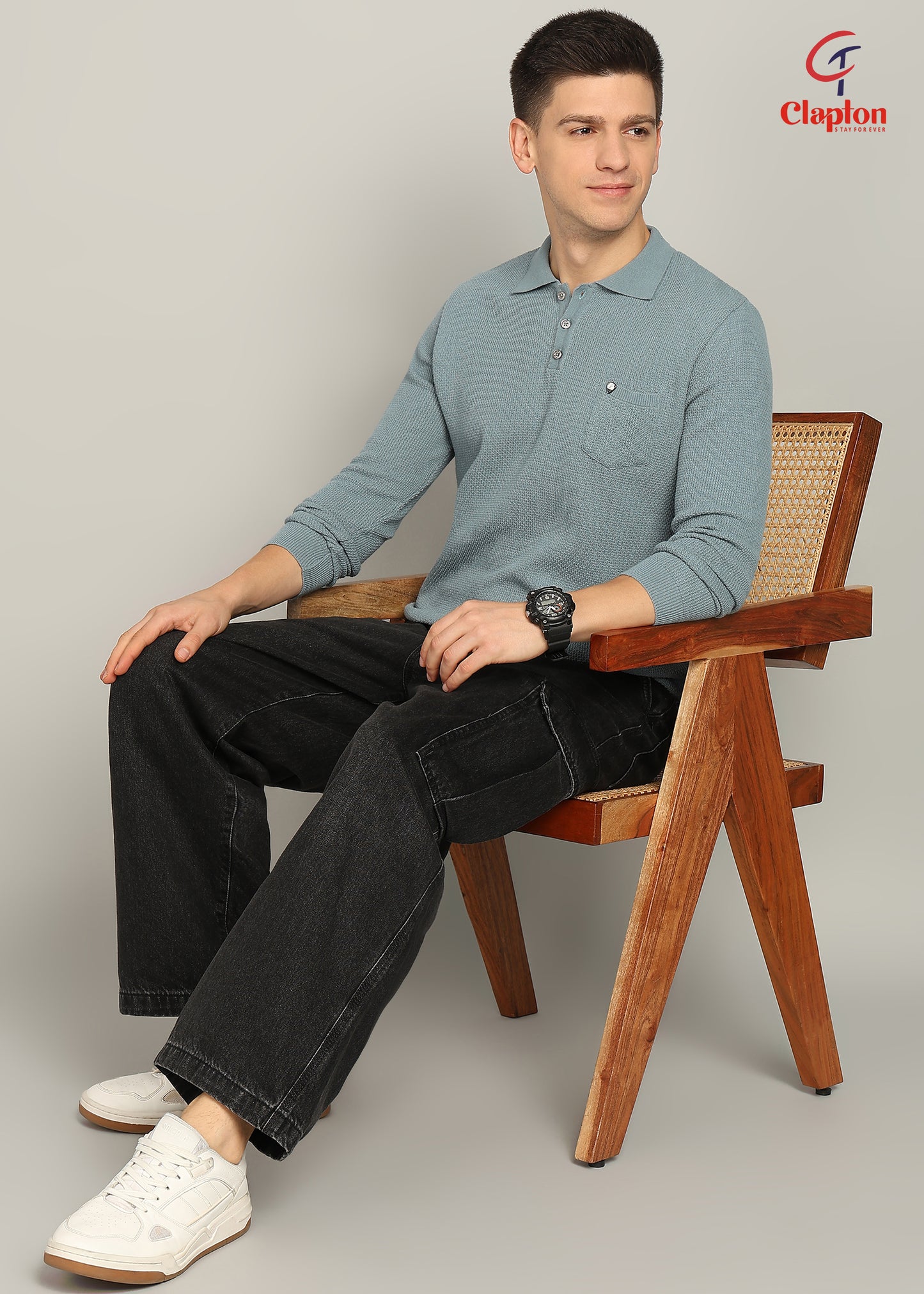 Clapton Men Knitted  Cotton Summer Wear Round Neck Full Sleeve T-Shirt SKY Blue