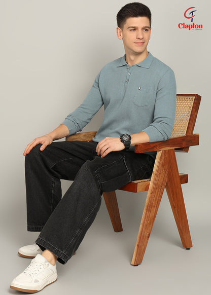 Clapton Men Knitted  Cotton Summer Wear Round Neck Full Sleeve T-Shirt SKY Blue