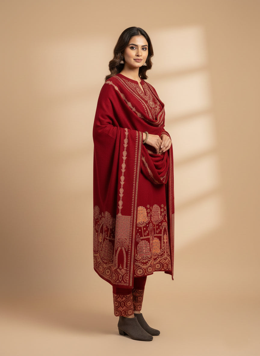 Clapton Embroidered  wool blends for winter wear Straight-fit kurta with trousers and a dupatta (shawl) RED