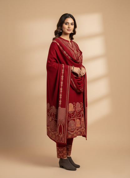 Clapton Embroidered  wool blends for winter wear Straight-fit kurta with trousers and a dupatta (shawl) RED