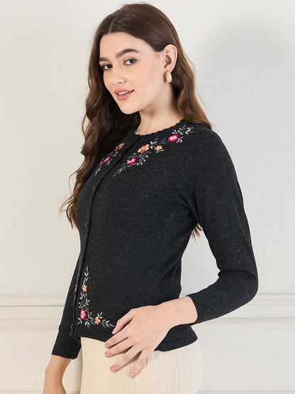 Embroidered Long Sleeves Pure Wool  Cardigan Sweater Black