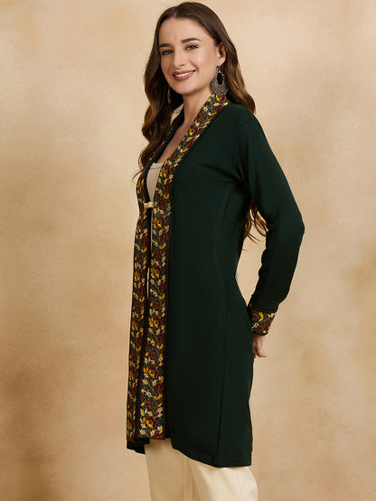 Women's Green Embroidered Sleeves, Floral Pattern, Winter Wear, Open Neck Shrug