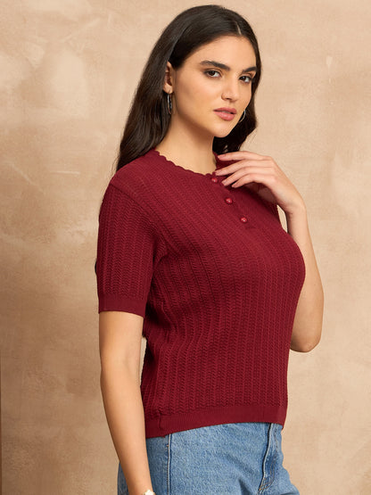 Clapton Women Knitted  Round Neck  T-shirt MAHROON -3105