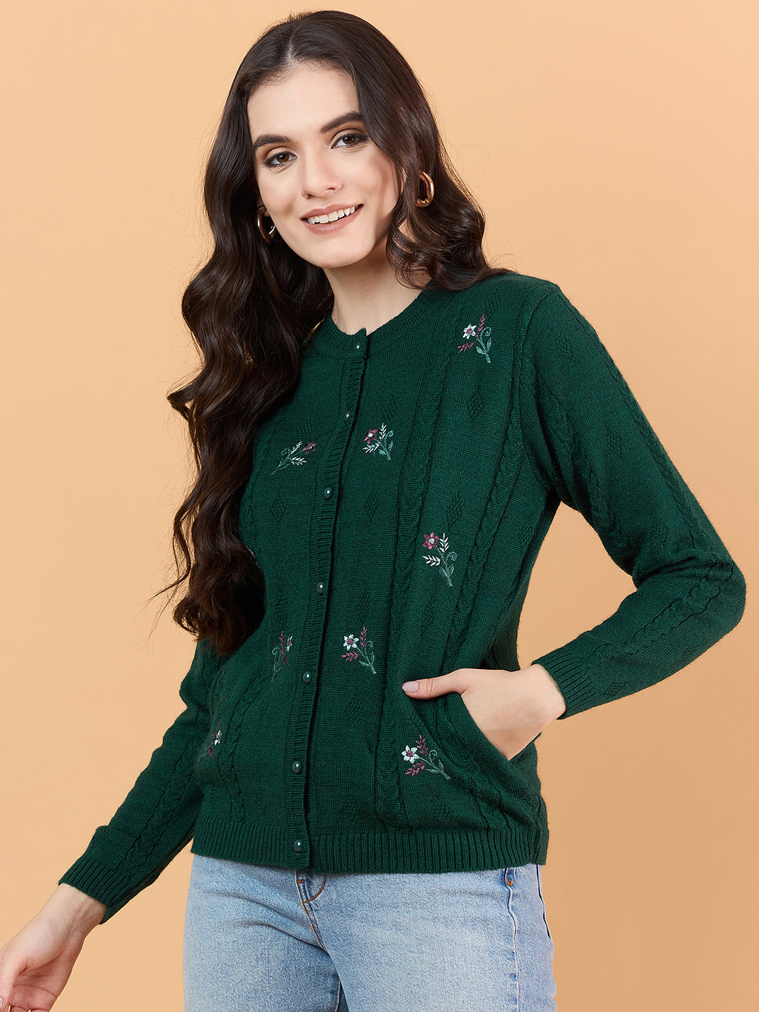Clapton Floral Embroidered Full  Sleeve Cardigan Sweaters for Women Girls Green