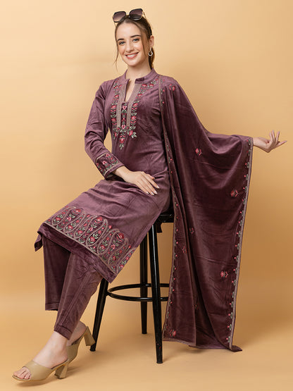 Velvet Embroidered Winter Wear Embroidered Straight Kurta Pant With Dupatta Set Purple