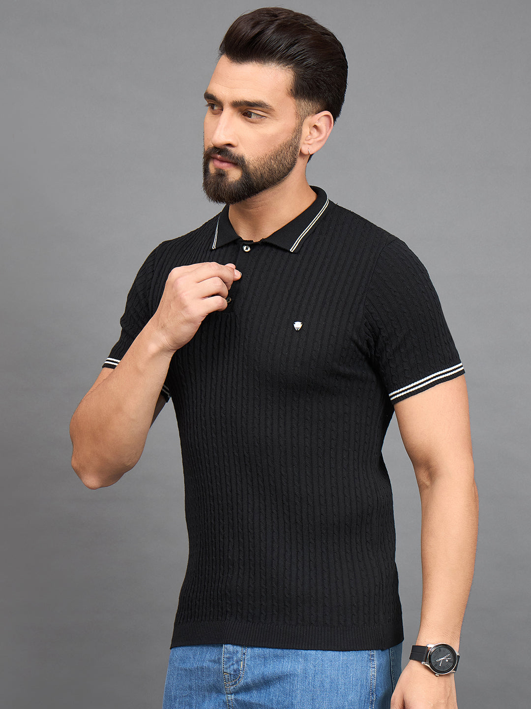 CLAPTON Men Knitted Polo Collar T-shirt  BLACK