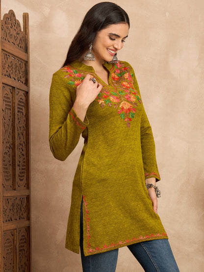 Women Multicolor Embroidered woolen Blend  Kurta Gold Winter Wear