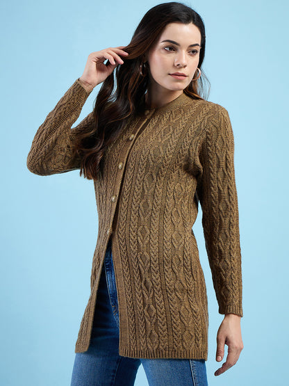 Clapton Cable Knit  Design Woolen  Longline Cardigan Sweater for women and Girls Brown