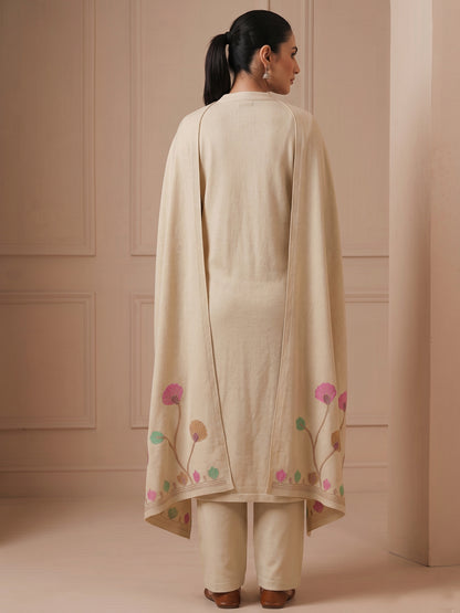 Woolen Embroidered  winter wear Kurti & Pant and Dupatta Set Beige