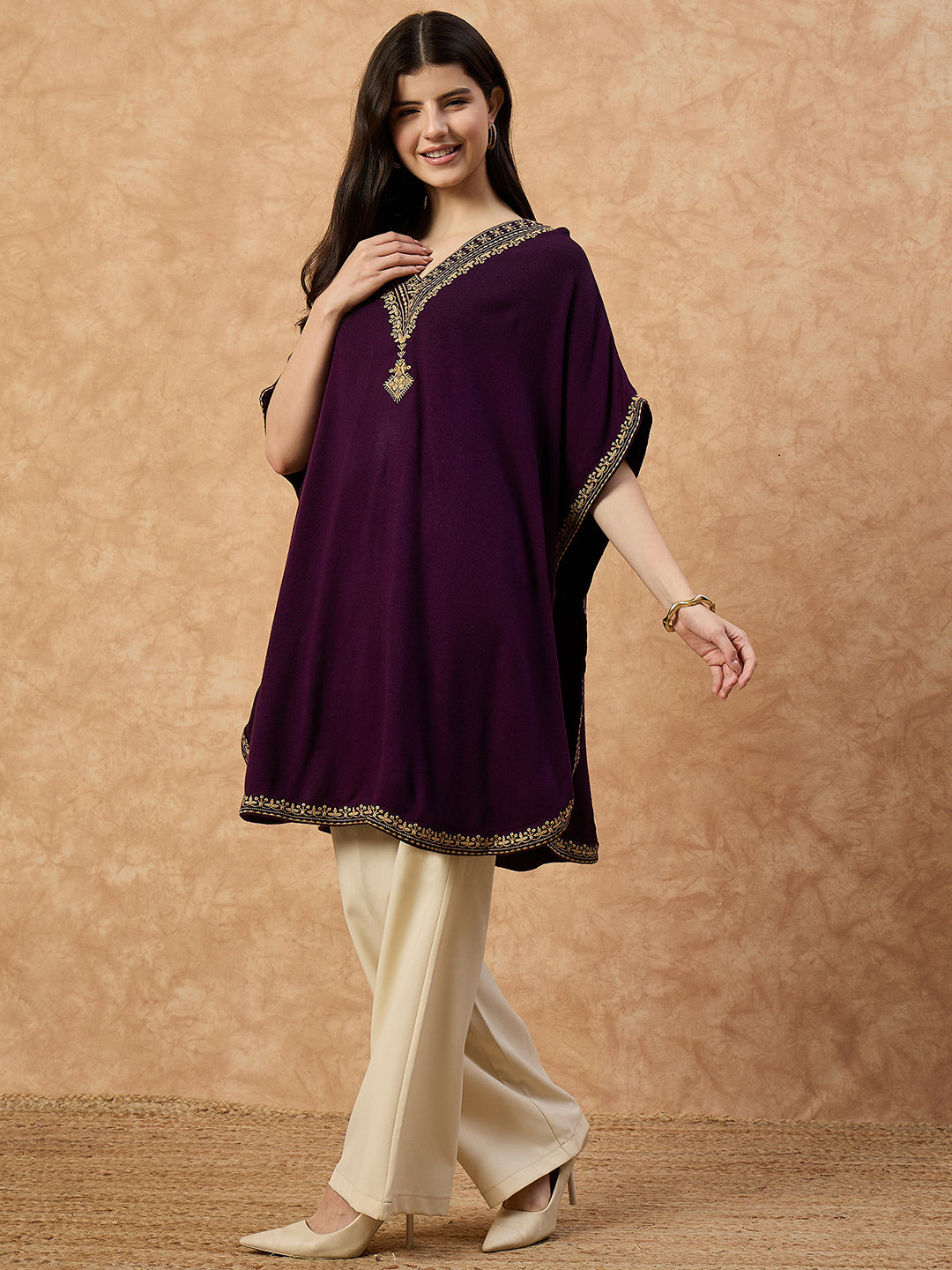 Clapton Women’s Wool Kaftan Kurti –  Purple, Golden Embroidery -6201