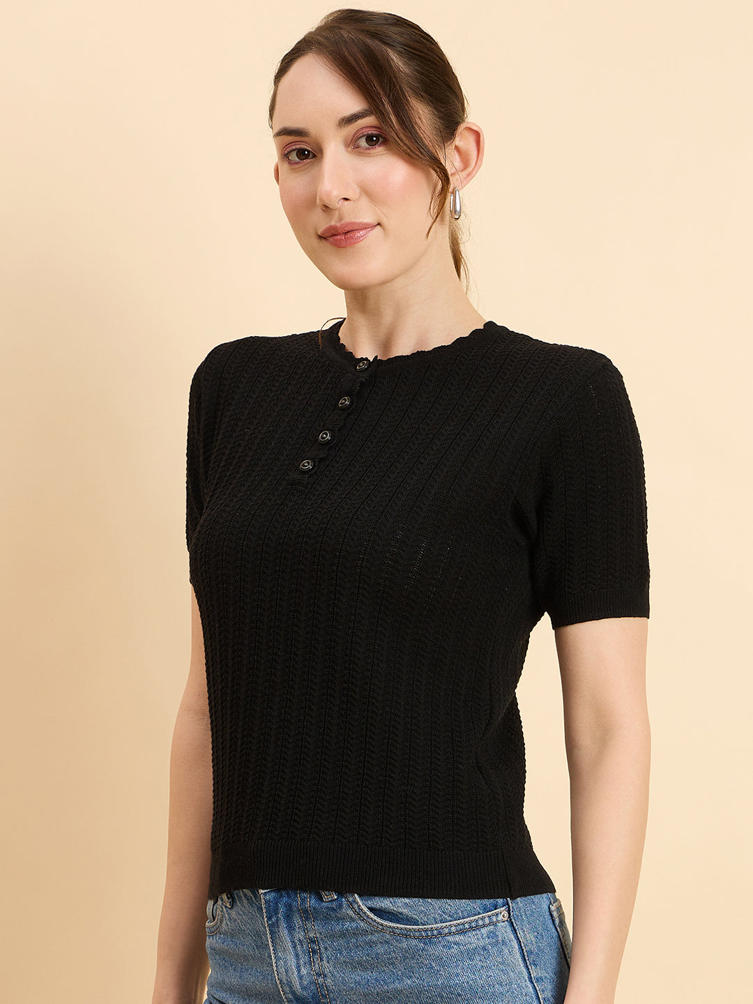 Clapton Women Knitted  Round Neck  T-shirt Black