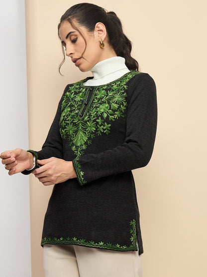 Women's  Kurta with Green Floral Embroidery, Long Sleeves, winter wear Grey mixture