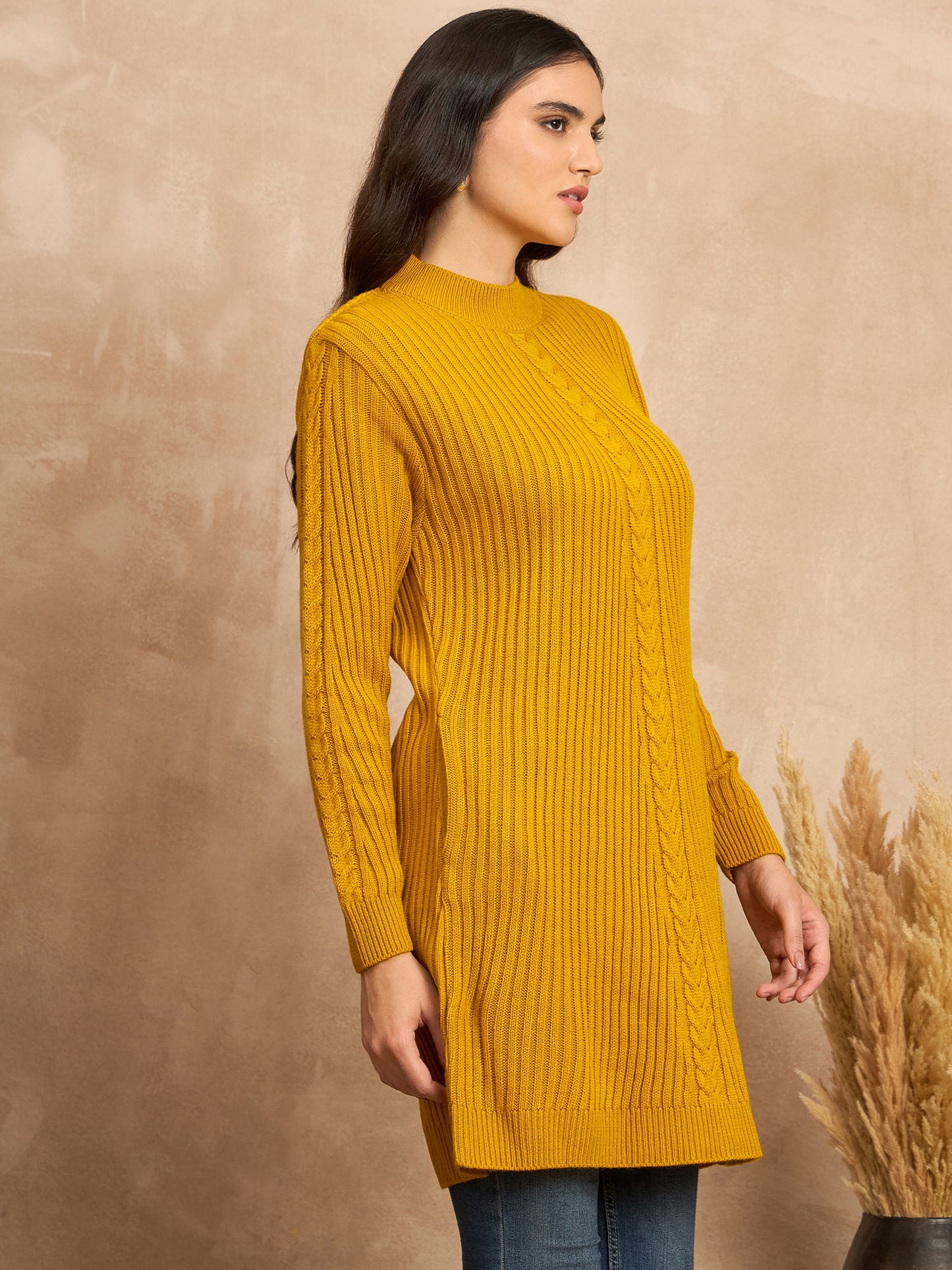 CLAPTON Women’s Wool Blend Ribbed Knit Tunic Sweater with Mock Neck & Full Sleeves Gold