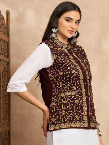 CLAPTON EMBROIDERY SLEEVELESS WINE BLAZER FOR WOMEN