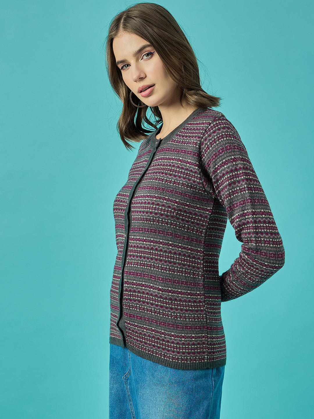 Women Md-Grey Self Striped Round Neck Cardigan