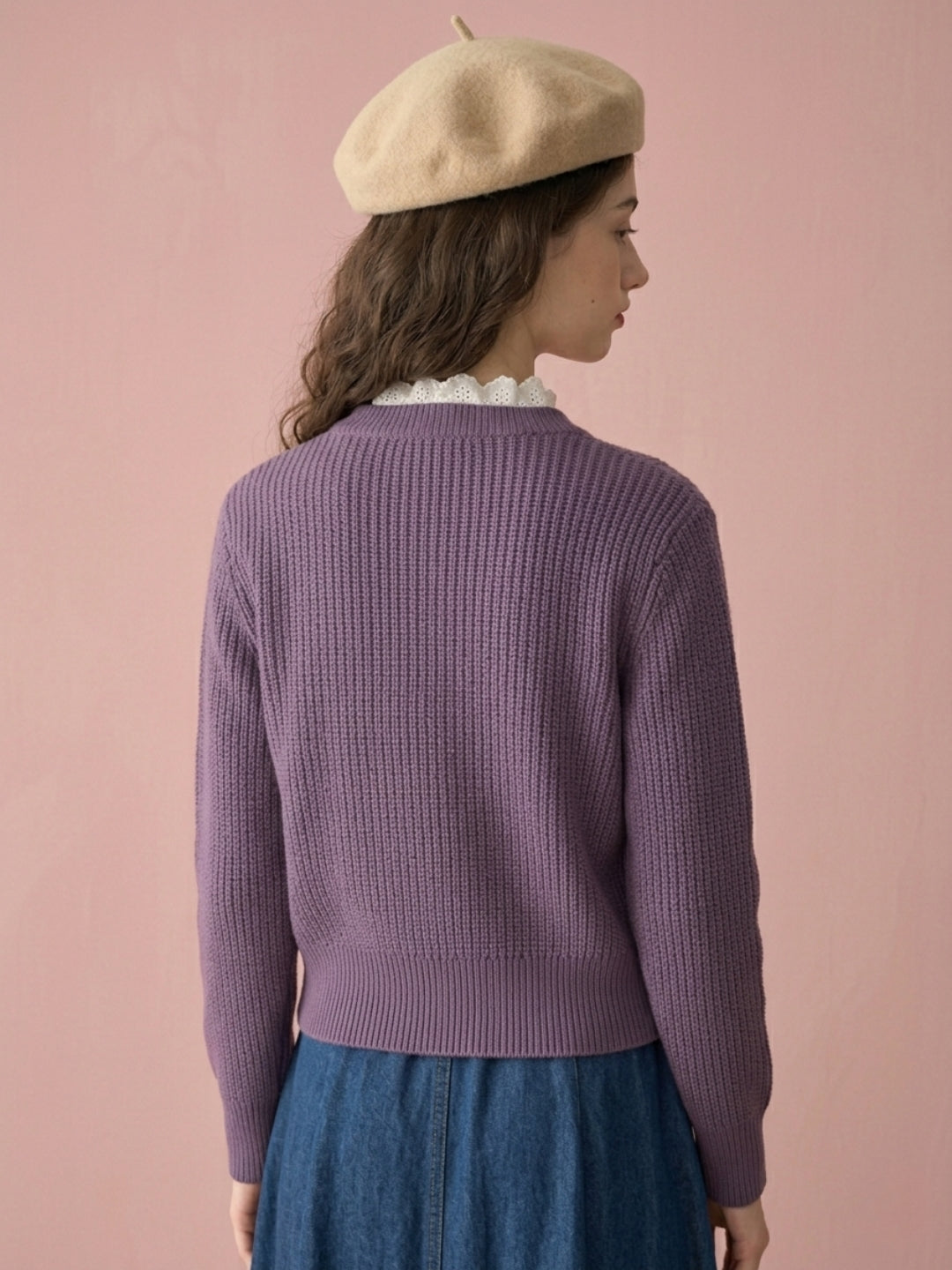 Women'S Black Knit Cardigan With Floral Embroidery, Button-Front, Round Neck, Full Sleeves Purple