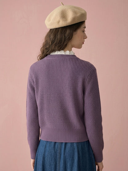 Women'S Black Knit Cardigan With Floral Embroidery, Button-Front, Round Neck, Full Sleeves Purple