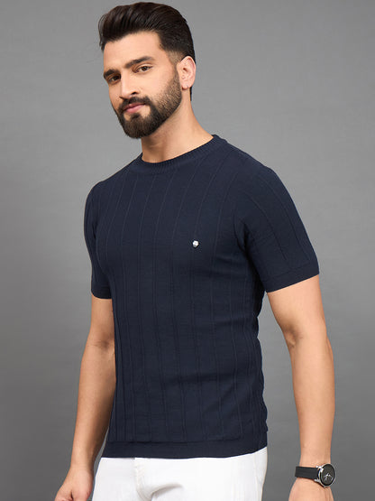 CLAPTON Men Knitted Round Neck T-shirt  Navy