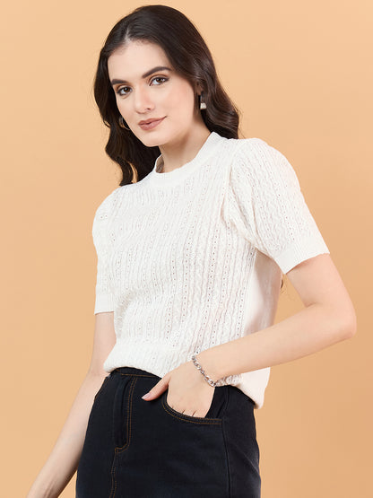 Ladies Short Sleeve Knitted cotton T Shirt solid Color White