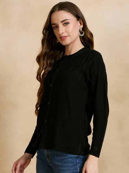 Wool Blend Round Neck Black cardigan