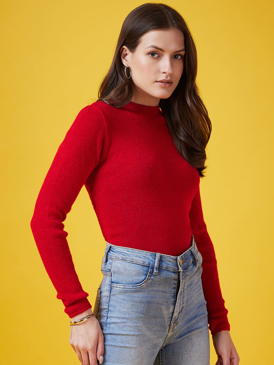 Wool Blend Crew Neck Full Sleeve Red Top