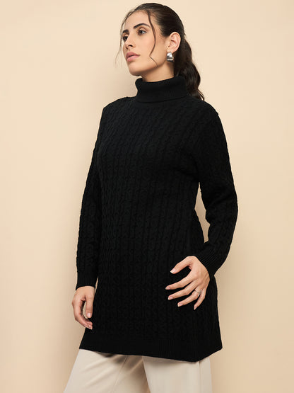 Clapton High Neck Cable Knitted Woolen Dress Black