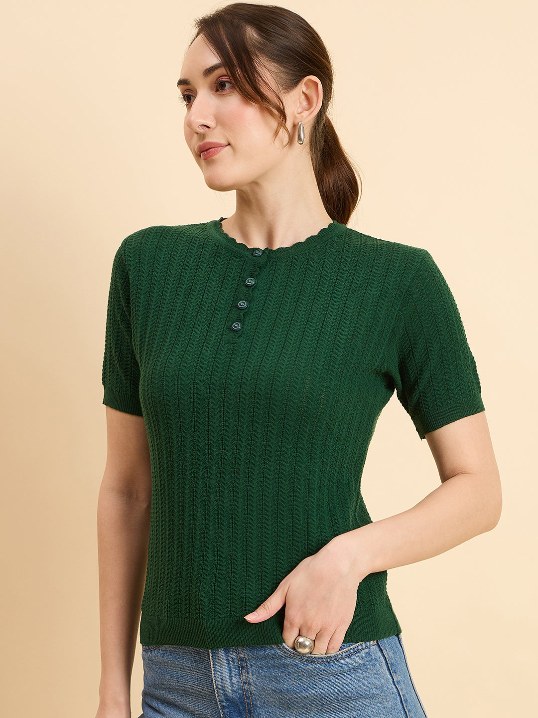Clapton Women Knitted  Round Neck  T-shirt Green