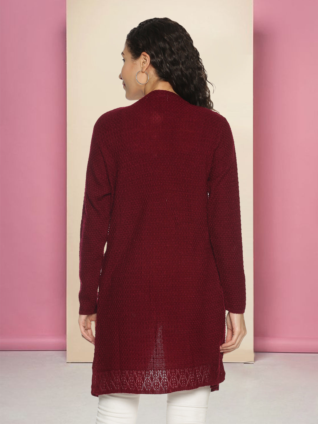 Wool Blend Round Neck Mehroon Long Shrug