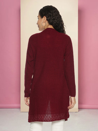 Wool Blend Round Neck Mehroon Long Shrug