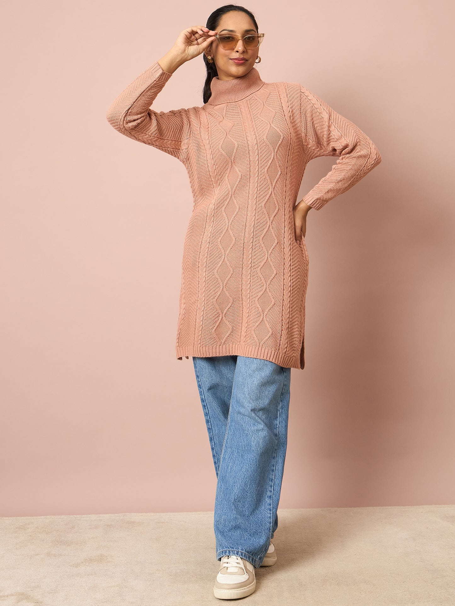 Clapton Cable Knitted  Wool Winter Wear Women’S Long Cardigan Peach