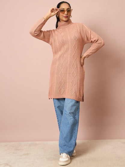 Clapton Cable Knitted  Wool Winter Wear Women’S Long Cardigan Peach