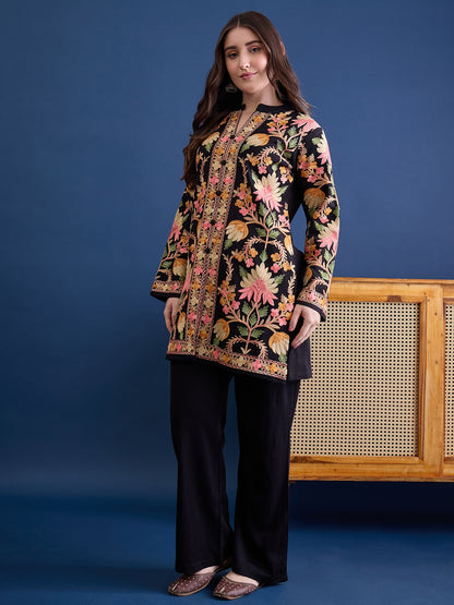 Women’S Embroidered Woolen Kurta With Straight-Fit Pants Co-Set Black
