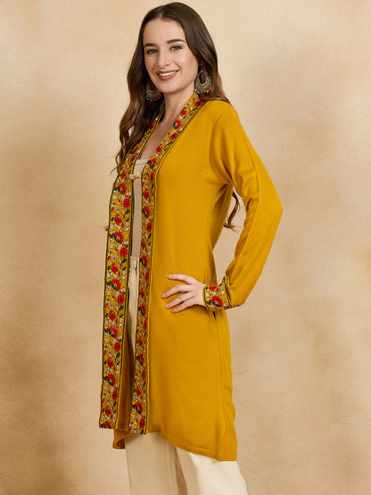 Women's Gold Mustard Embroidered Sleeves, Floral Pattern, Winter Wear, Open Neck Shrug