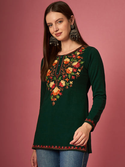 Women's  Kurti with Multicolor Floral Embroidery, Long Sleeves,winter wear Green