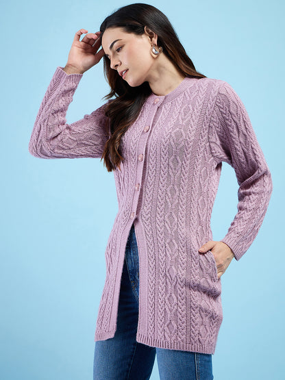 Clapton Cable Knit  Design Woolen  Longline Cardigan Sweater for women and Girls Pink