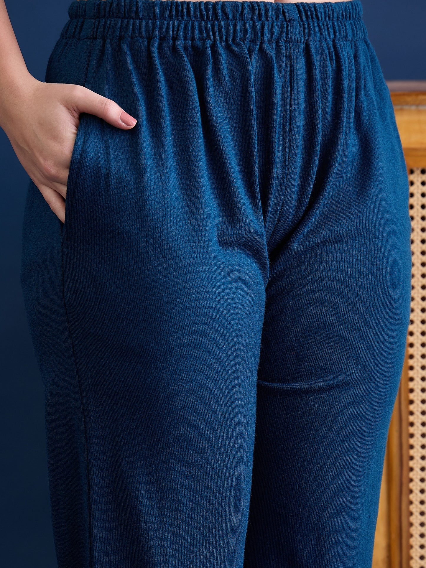 Women’S Embroidered Woolen Kurta With Straight-Fit Pants Co-Set Peacock