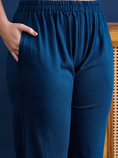 Women’S Embroidered Woolen Kurta With Straight-Fit Pants Co-Set Peacock
