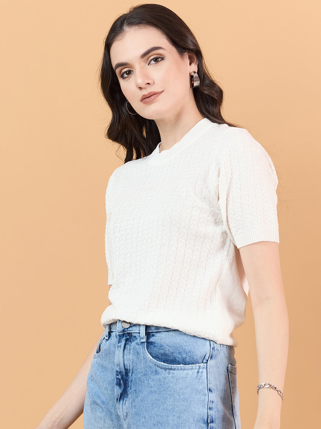 clapton Women Self knitted cotton Design T-shirt  White