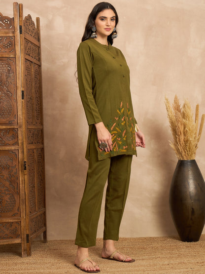 CLAPTON Women’s Green Wool Blend Embroidered Kurti & Pant Set – 2 Piece Winter Wear